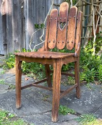 An Antique Slatted Pine Side Chair - With Heart Motif On Back