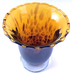 TORTOISESHELL ART GLASS VASE: Vintage Hand Blown, Brown & Amber Yellow, Fluted Edge, 4.5 Inches Tall