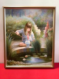 Foxson Signed Oil On Canvas- Young Girl Playing In The Pond