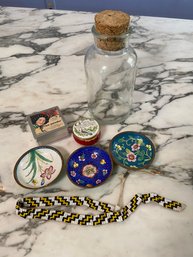 3 Cloisonne Floral Motif, Halcyon Days Enamels Red And White Pill Box Clear Glass Apothecary Bottle