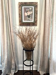 Hurricane Style Glass Vase On Stand With Decorative Decorative Twig Arrangement