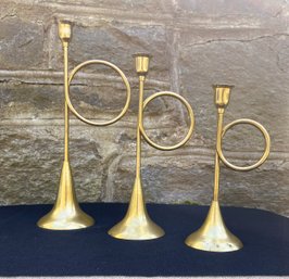 Three Brass Horn Candlesticks