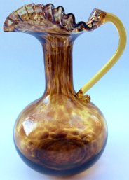 TORTOISESHELL ART GLASS BLOWN PITCHER: Vintage Amber Yellow & Brown, 8.25 Inches Tall, Ruffled Edges