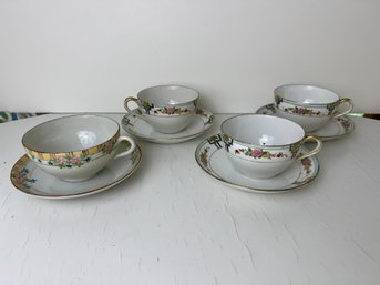 Four Antique Japanese Hand-Painted Teacups