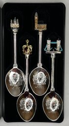 Silver Plate London UK Souvenir Spoons NIB - Tower Bridge - St Pauls Cathedral - Big Ben - Royal Crown ER