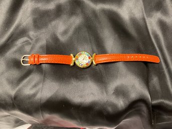 Venetian Murano Milliflor Glass Watch Gold Tone With Orange Leather Band