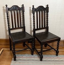 Set Of 2 Carved Barley Twist Dining Chairs With Leather Seats - Circa 1920s