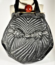 Art Deco Black Leather & Large Bakelite Plastic Ball Clasp Pocketbook Purse`