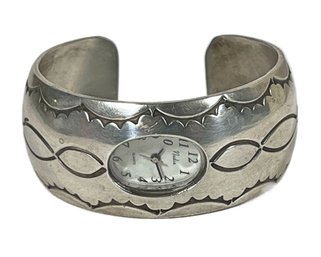 Signed J. Wright Sterling Silver Wide Native American Cuff Bracelet Wristwatch