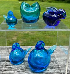 Lot Of 5 Blue Glass Pieces: 3 Sweden Birds,  1 Rabbit, All Have Smooth Bottoms, Older Pinched Vase Has Pontil
