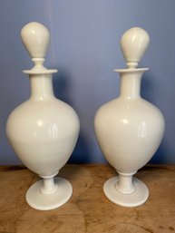 Pair Of Decorative Milk Glass / Opaline Urns 13in With Stoppers