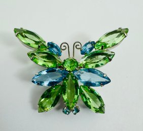 GREEN AND BLUE RHINESTONE SILVER TONE BUTTERFLY BROOCH