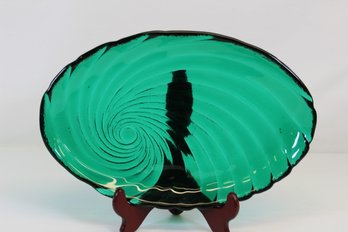 MCM Hand Blown Large Green Art Glass Oval Platter - Made In Italy