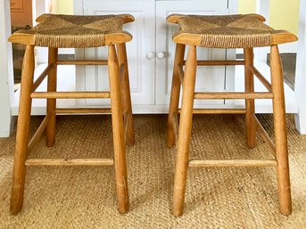 A Pair Of Beautiful Rush Seated Counter Stools