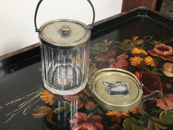 Antique Glass Biscuit Barrel With Silverplated Top And Handle Along With 2nd Silverplated Top And Lid