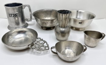 Vintage Pewter Tableware: Stein, Porringer, Bowl & Vase