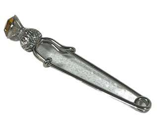 Silver Tone Amber Rhinestone Thistle Kilt Pin