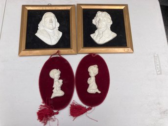 Thomas Jefferson And Ben Franklin Vintage Framed Collectable Busts Along With 2 Figures Of Children Praying