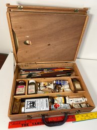 Vintage Wood Art Supply Carrying Case Paint Brushes Assorted Oil Paints Linseed Oil