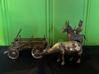 Amazing Vintage Brass Collection Of 3 Statues - Ox And Cart Set & Additional Statue