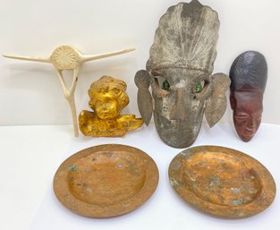 Folk Art Metal Mask, African Wood Face, Copper Plates, Whale Vertebrae & Angel
