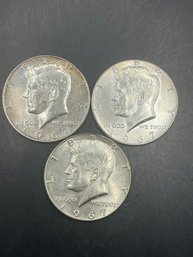 3 Kennedy Half Dollars 40 Silver 1967