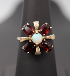 Exceptional Vintage Opal & Garnet 10k Yellow Gold Statement Ring