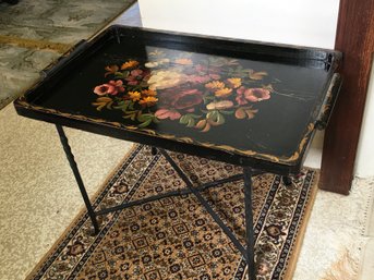Beautiful Antique All Hand Painted Wooden Tole Tray On Custom Folding Wrought Iron Base - VERY STURDY