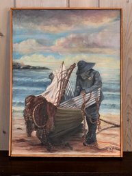 'The Lobsterman' Oil Painting By Dorothy J. Harnus - Signed In A Simple Wood Frame