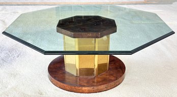 A Vintage Modern Octagonal Glass Top Coffee Table In Burled Walnut And Brass By Mastercraft, C. 1980's