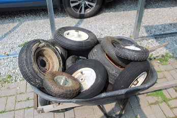 Pile Of Cart/dolly/wheelbarrow Tires And Rims For Parts, Or New Tubes(wheelbarrow Not Included)