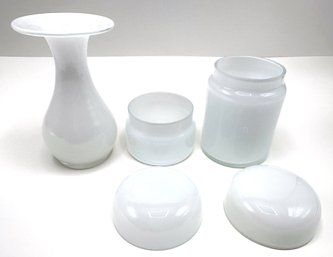 Set Vintage Polish Hand Blown White Glass Covered Canisters & Vase, Unused