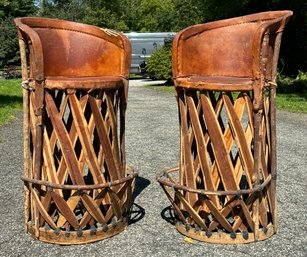 Pair Of Vintage Mexican Equipale Leather And Cedar Wood Bar Stools