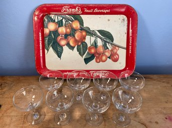 Vintage Metal Tray 17.5x12.5 Franks Fruit Beverages And 8 Cocktail Glasses No Chips