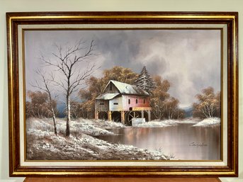 Winter Barn On Lake Scene - Signed Oil On Canvas In Frame