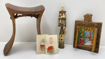 Vintage Tibetan Prayer Wheel, 2 New Chinese Stamps, African Neck Rest & Mexican Wall Hanging