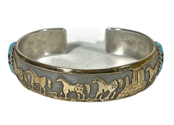 Signed Sterling Silver Native American Indian Cuff Bracelet Gold Overlay Horses Turquoise