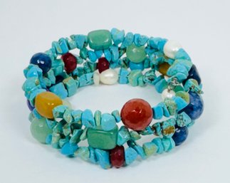 BEAUTIFUL TURQUOISE AND GEMSTONE COIL WRAP BRACELET PEARL ACCENTS