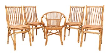 Vintage Rattan Bamboo Collection Of 4  Side Chairs And 1 Rounded Arm Chair