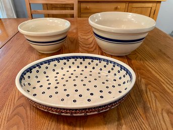 Roseville Pottery Bowls & Boleslawiec Glazed Oval Baker