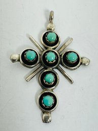 ZUNI NATIVE AMERICAN STERLING SILVER TURQUOISE CROSS PENDANT SIGNED JUNE QUALO