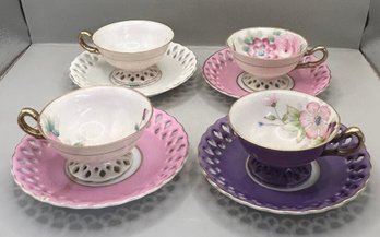4 Ohashi China Hand Painted Teacup & Saucers