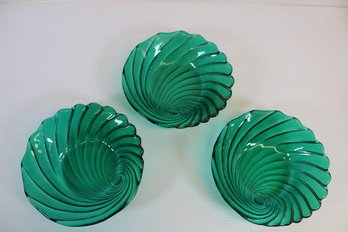 Lot Of Three Green Hand Blown Studio Art Glass 8' Bowls - Made In Italy