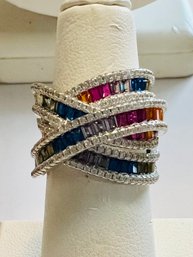 SIGNED STERLING SILVER RAINBOW MULTI GEMSTONE CRISS CROSS RING