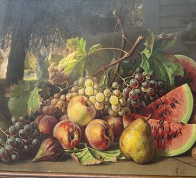 Large Wood Framed Vintage Chromo Lithograph Still Life Fruits Oak Frame 36