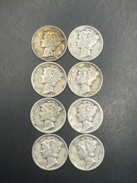 8 Mercury Dimes 1938, 1942, 1942-S, 1943, 1944-D, 1944-S, 1945, 1945-S