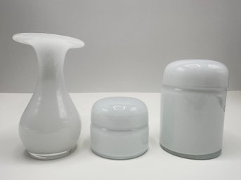 Set Vintage Polish Hand Blown White Glass Covered Canisters & Vase, Unused