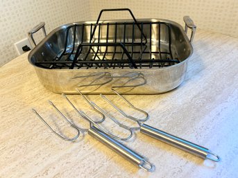 All Clad Large Stainless Steel Roasting Pan With Rack & Turkey Forks