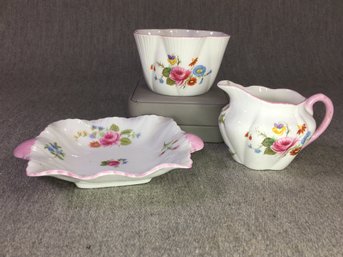 Lovely Vintage Three (3) Piece SHELLEY Dainty Rose China - Small Dish - Sugar & Creamer - Made In England