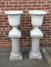 Beautiful Pair Urns On Fluted Columns FANTASTIC LOOK - They Look Just Like Concrete / Cement - THEY ARE NOT !